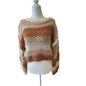 Sadie & Sage Chunky Knit Striped Sweater S Cropped Brown Fall Balloon Sleeve